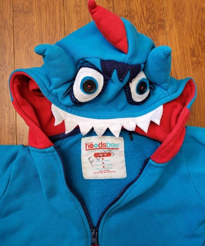 Original Hoodsbee Blue Shark Friend Hoodie Größe 3T durchgehender Reißverschluss lustiges Gesichtsmonster - Bild 5 von 12