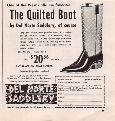 Quilted Boot Del Norte Saddlery El Paso County Texas Vintage Magazine Print Ad