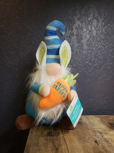 Happy Easter Plush Blue 12” Huggie Hugs Gnome with Carrot, Bunny Ears & Stripes