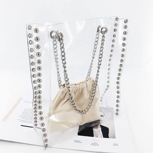 Transparent PVC Clear Shoulder tote bag Silver Studs Beige Zebra Insert Canvas - Picture 3 of 25