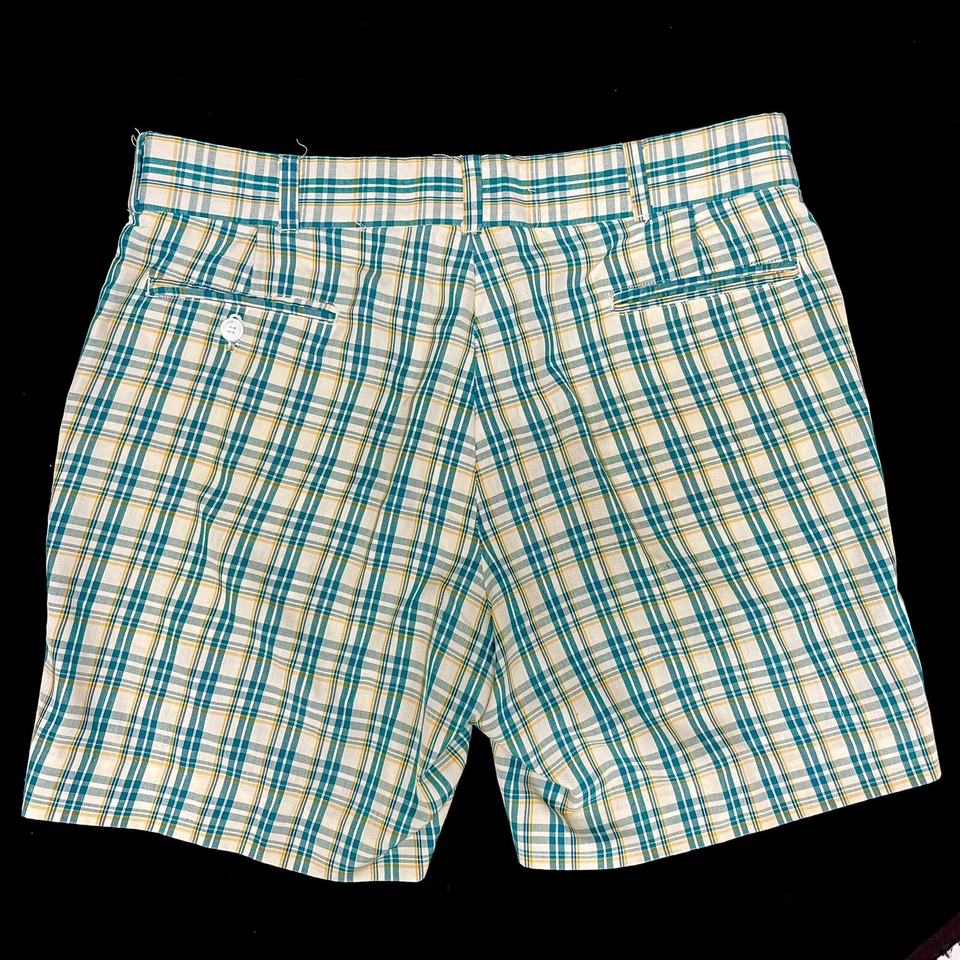 Vtg 60's PLAID Green Yellow Check Men's Walking MOD Casual GOLF Shorts 36 - Image 3 of 4