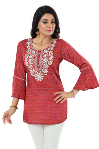 Thread Embroidery Art Silk Women Indian Kurti Tunic Kurta Shirt Dress CK07 UK - Picture 1 of 6