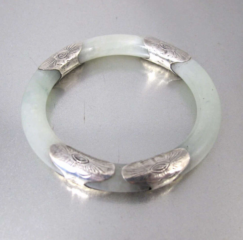 Vtg. Chinese Export Sterling Silver Nephrite Jade Bangle Bracelet - Image 2 of 4