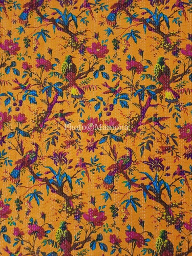 Manta de colcha hecha a mano con estampado de pájaro Kantha edredón algodón indio - Imagen 13 de 22