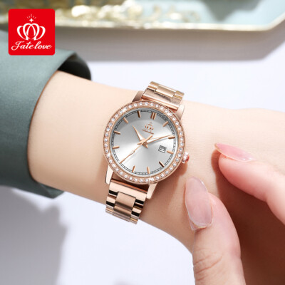 Fate love Woman's Gems Stainless Steel Waterproof Day Quartz Wrist Watches