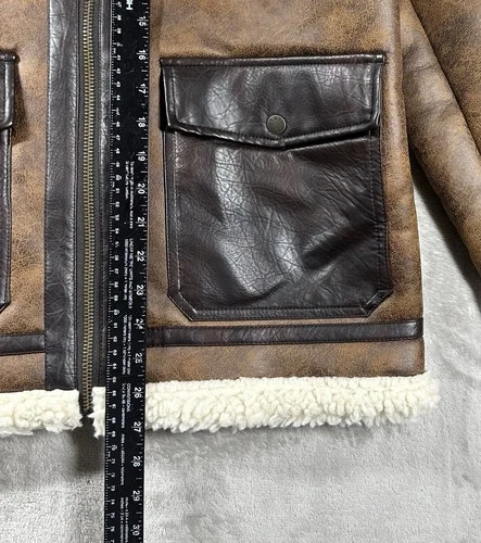 Levi’s Faux Shearling Rancher Aviator Jacket Mens Sz Small Brown Pockets Buckles image 4