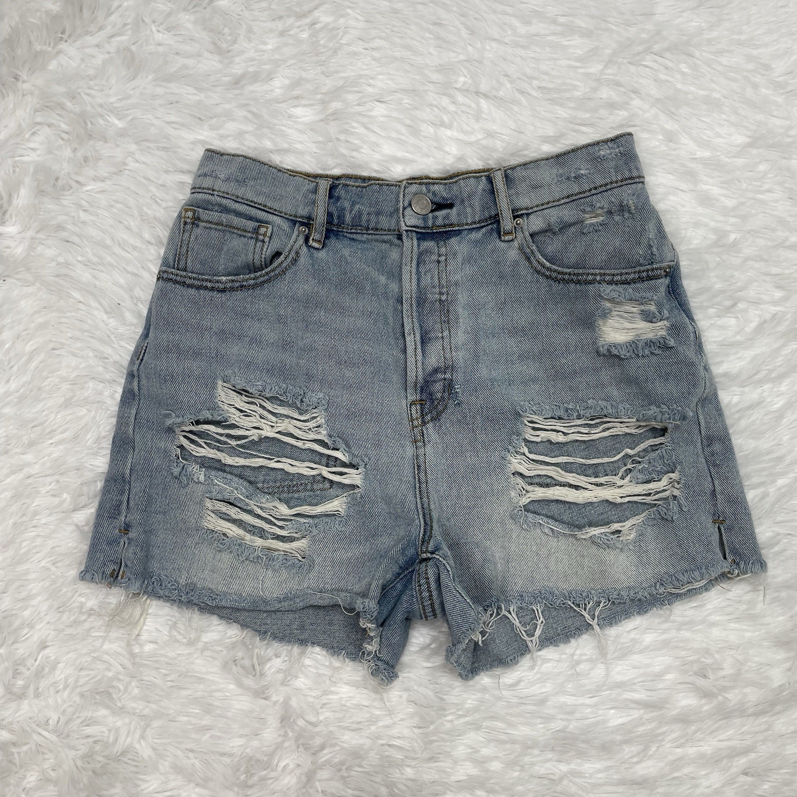 Pacsun High Rise Icon Shorts Women’s Size 27 Distressed Blue Denim Button Fly