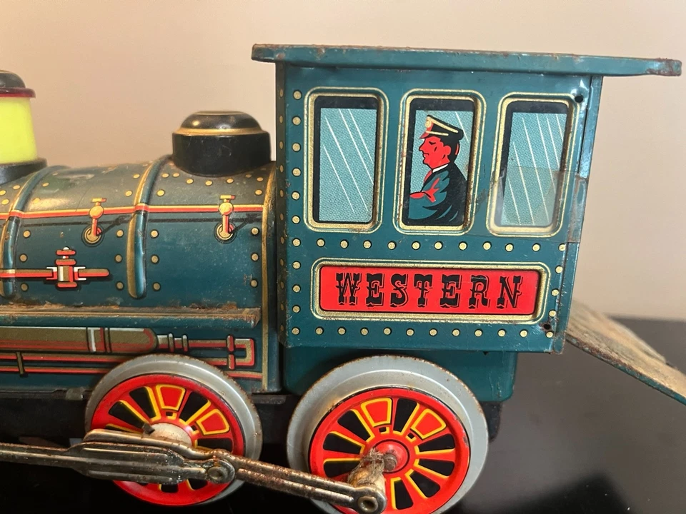 Tren de hojalata especial occidental acción misteriosa operado litográfica vintage, hecho en Japón Foto 2 de 4