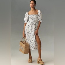 Reformation Marabella Linen Midi Floral Blue White Dress XL