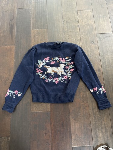 Vintage 80s Hand Embroidered Herman Geist Sweater Cottagecore Floral Dog Medium