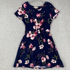 Pink Rose Vintage Dress L Navy Pink Floral Tie Waist Fit & Flare Soft Knit Caree
