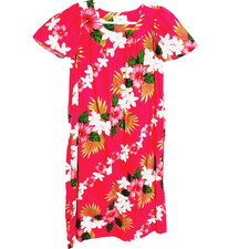 Vintage Hawaiian Hawaii Hibiscus Floral Midi Kaftan Muumuu Dress Medium Pink