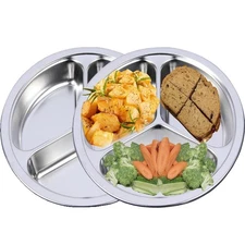 2 Pack Stainless Steel Divided Plates, 9.5 Inch, 3 Sections, Portion Control