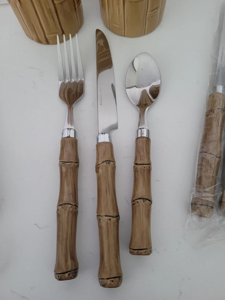 Juego de 4 utensilios de acero inoxidable estilo bambú y 2 tazas de cerámica Foto 2 de 4