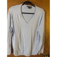 DKNY Jeans Women Light Blue Rhinestone V-Neck 100 Cotton Sweater XL 1241957