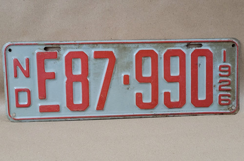 North Dakota License Plate 1926 ND F87-990 1926 14 5/8" x 4 7/8" Antique