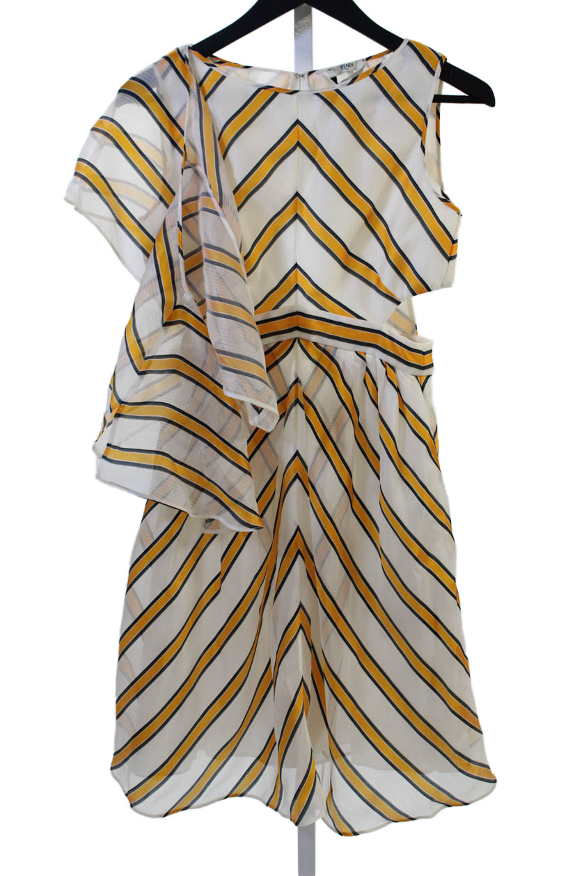 Fendi Women White Striped Fit & Flare Dress Crew Neck Zip Silk Blend Size S thumbnail 6