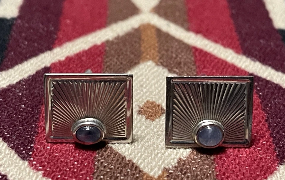 Gemelos vintage de oro blanco de 14K Sunburst cabujón azul PAT 2472958 Oldak 12,09 g Foto 2 de 4