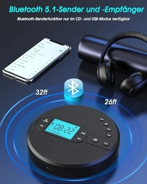 Bluetooth 5 CD-Player | Stoßfest | 2000mAh Akku | 9h Wiedergabe - Bild 4 von 4
