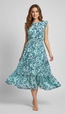 LOFT Ruffle Sleeve Smocked Waist Midi Dress Blue Floral Print Size S