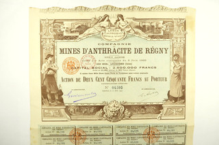 COMPAGNIE DES MINES D ANTHRACITE DE REGNY ACTION DE 250 FRANCS LAUSANNE 1903