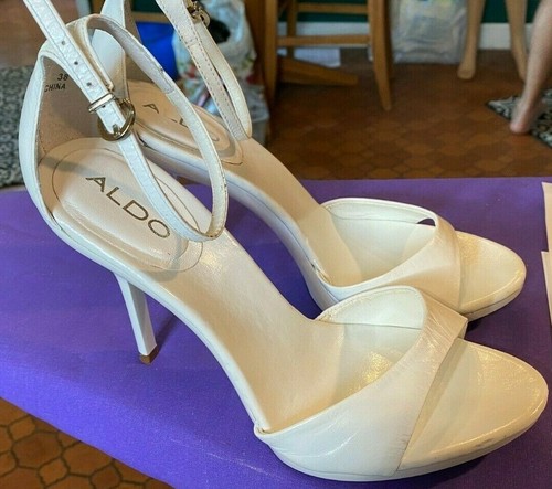 Aldo beegee Blanco De Cuero Correa De Tobillo Zapatos Taco aguja Zapatos de  salón tacón alto punta abierta 38 7.5 | eBay