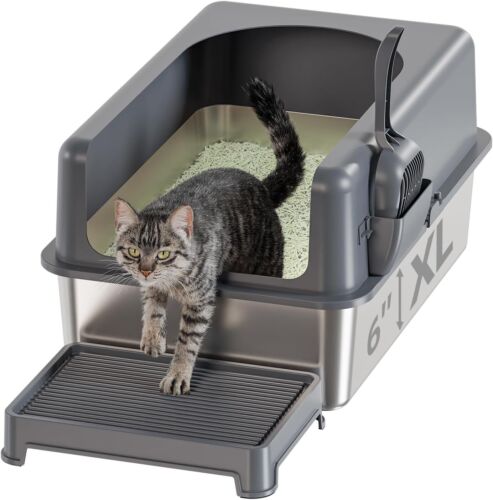 High-Sided Stainless Steel Cat Litter Box,XXLarge 24x16x12",Easy Clean,Scoop Mat
