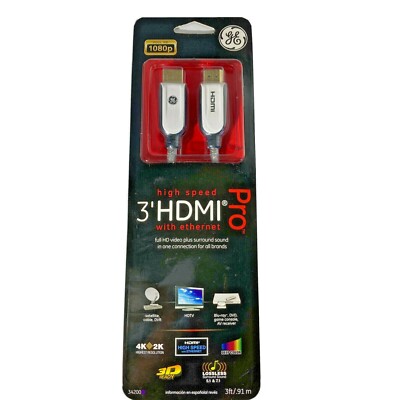 GE 34200 3' Pro Series HDMI with Ethernet Pro Cable - 4K Highest Resolution - 3D