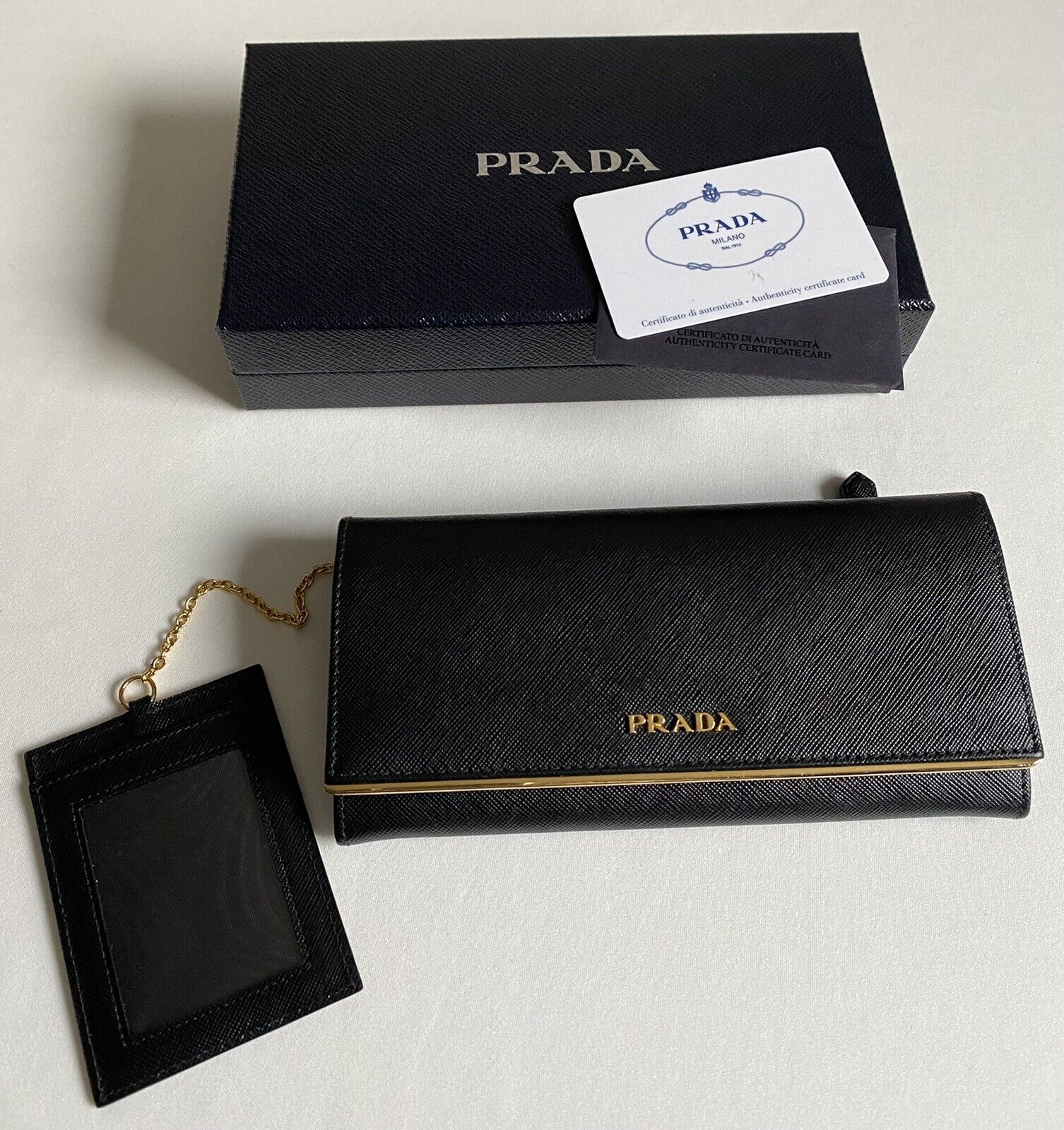 Prada Saffiano Metal Leather Full Metal Flap Bar Wallet on Chain