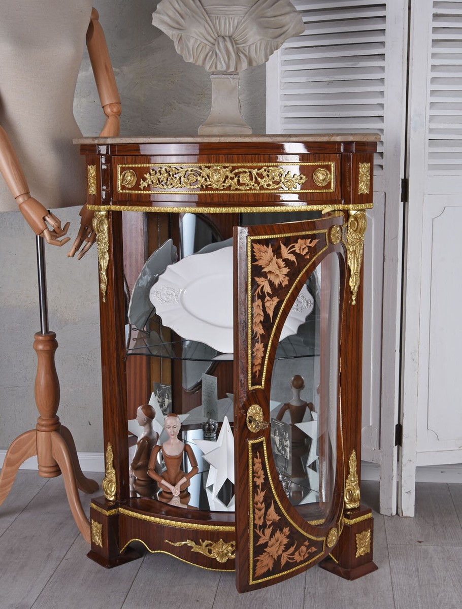 Vitrine D'angle Baroque Palazzo INT, Bois Massif, Marbre, Vitre, 72x105x52 Cm, Marron