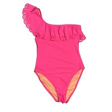 J. Crew One-Shoulder Ruffle Swimsuit Eyelet Trim Pink Size M EUC Summer Beach