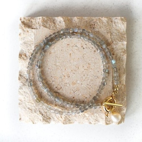 Labradorite Beaded Necklace w/ Gold Toggle Clasp + Removable Pearl BEAUTIFUL - Picture 5 of 15