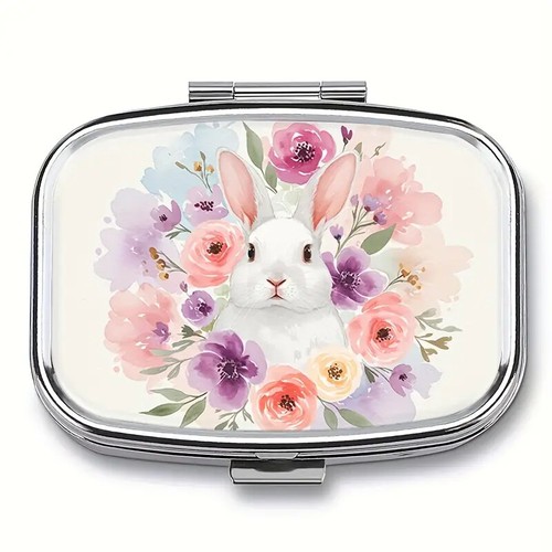 Pink Floral Rabbit Design Metal Pill Box - 2 Compartment Portable Size - Picture 7 of 8