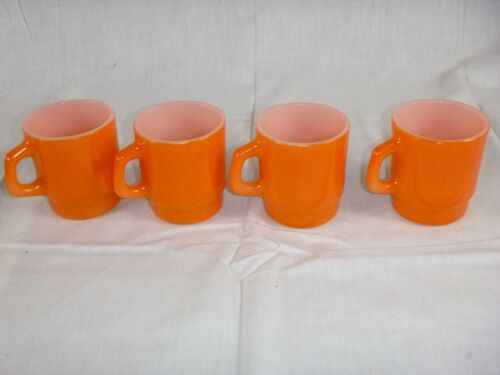 4 Vtg Anchor Hocking BRIGHT Orange D Handle Stackable Oven Proof Mugs Cups - Picture 3 of 5