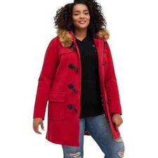 Torrid Womens Ponte Toggle Front Cozy Faux Fur Trim Hood Pea Coat Size 1x Red