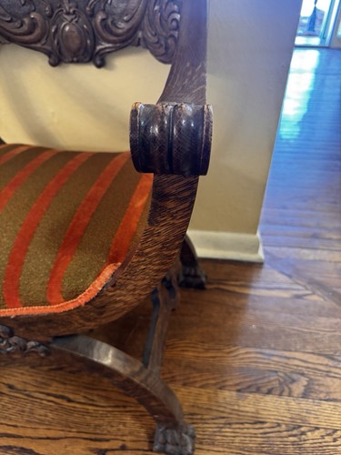 Antique Victorian Heavily Carved Mahogany Savonarola Saddle Chair w Cherub Motif - Picture 5 of 6