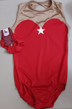 AMS Gymnastics Leotard Adult Medium AM Lycra Beige and Red with high neck