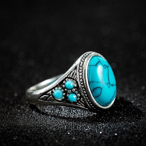 New Mens Oval Jewelry Stainless Steel Blue Turquoise Men Ring Stone Size 7-15 - Picture 18 of 24