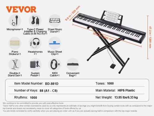 VEVOR Tastiera Pianoforte Digitale, 88 Tasti Semi-Pesati, Tastiera Elettrica Dim - Zdjęcie 10 z 14