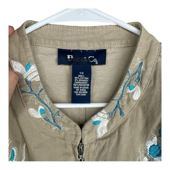 Denim & Co 1X Chaqueta Caqui Floral Bordada Cremallera Cuello Mandarín Boho Gitana Foto 3 de 4