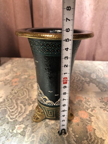Japanese Kyouraku-yaki Orchid Pot Black Gold Wave Bird Pattern 15.7cm Tall - Picture 9 of 13