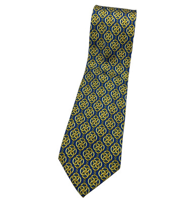 GIANNI VERSACE Men's 100% Silk Necktie LUXURY Tie Gold Blue Chain W:3.7'' EUC