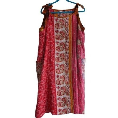 Katha Patchwork Reversible Midi Dress  Red Boho Ethnic Bohemian India Pink OS