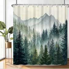 71x74 Inch Foggy Mountain Forest Tree Rustic Woodland Fabric Shower Curtain
