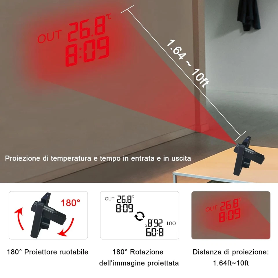 Radiosveglia Digitale Con Proiezione, Stazione Meteo Wireless, Termometro Intern - Immagine 2 di 4