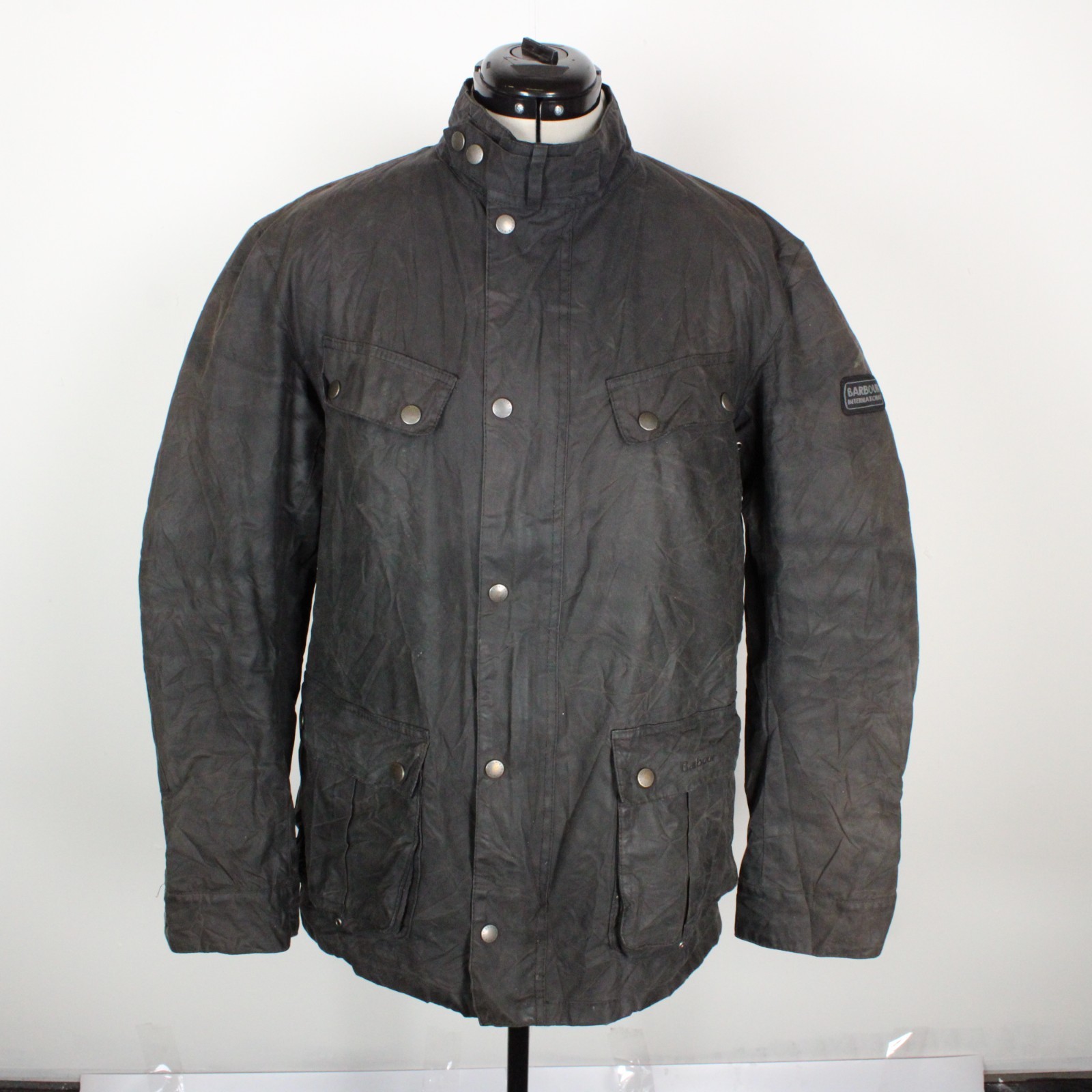 Barbour International Duke Wax Jacket Mens L Faded Black Grey Biker 2018 Quilted