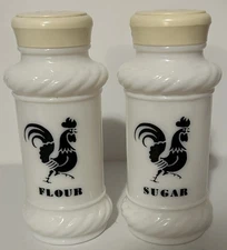 Vintage Milk Glass Black Rooster Hazel Atlas Farmhouse Flour Sugar Shakers