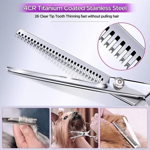 Juego de tijeras profesionales para aseo de perros mascotas de 7" kit de tijera adelgazante curva recta Foto 3 de 4