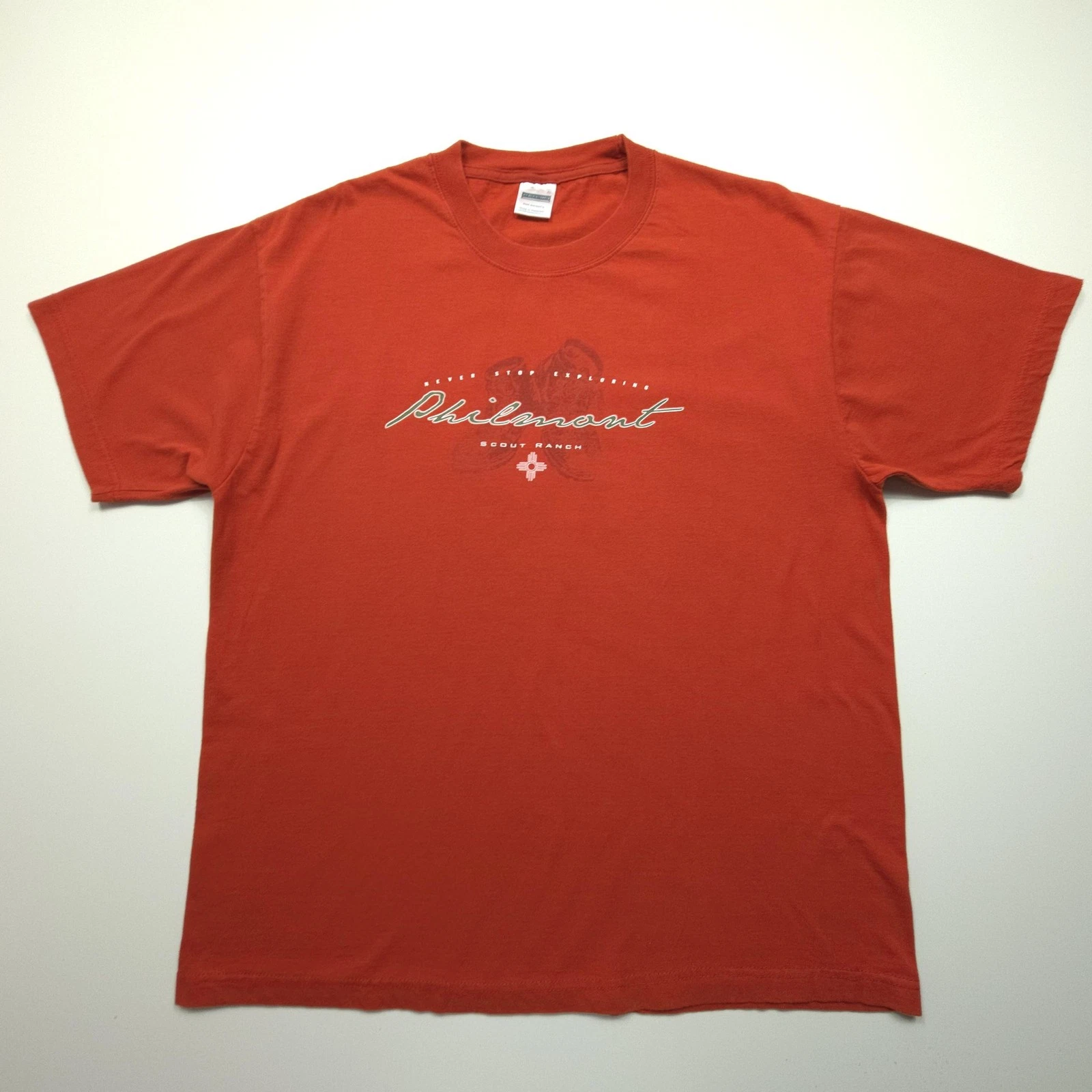 VTG Philmont Scout Ranch Men Shirt XL Red Boots Never Stop Exploring Tee Camping