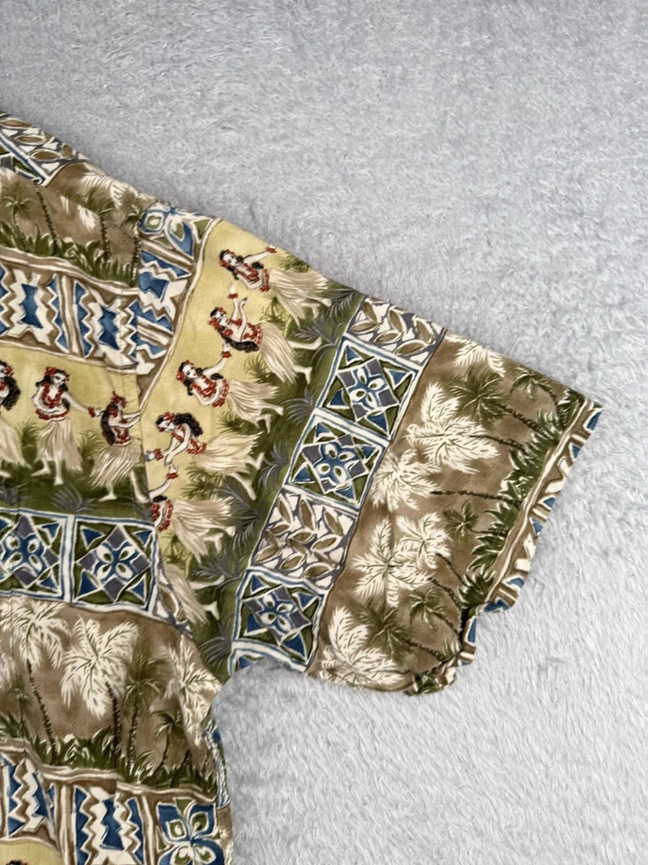 Mario Ferrari 衬衫男式 2XL XXL 绿色黄色瓷砖棕榈 Luau 女孩夏威夷人造丝 — 第 2/4 张图片